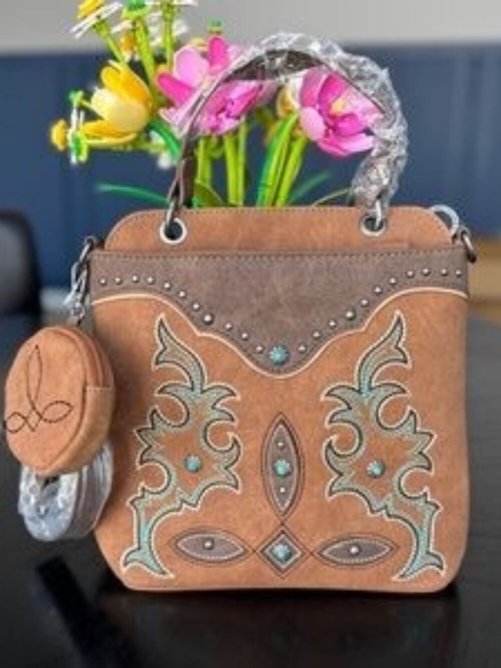 Montana West Embroidered Boot Scroll Top Handle Crossbody With Coin Pouch Brown